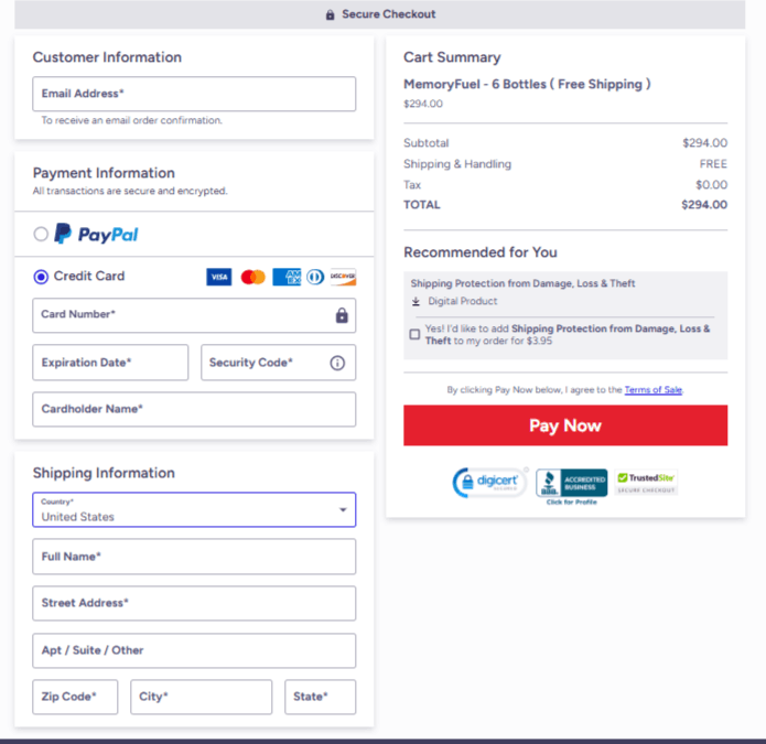 MemoryFuel Checkout Page